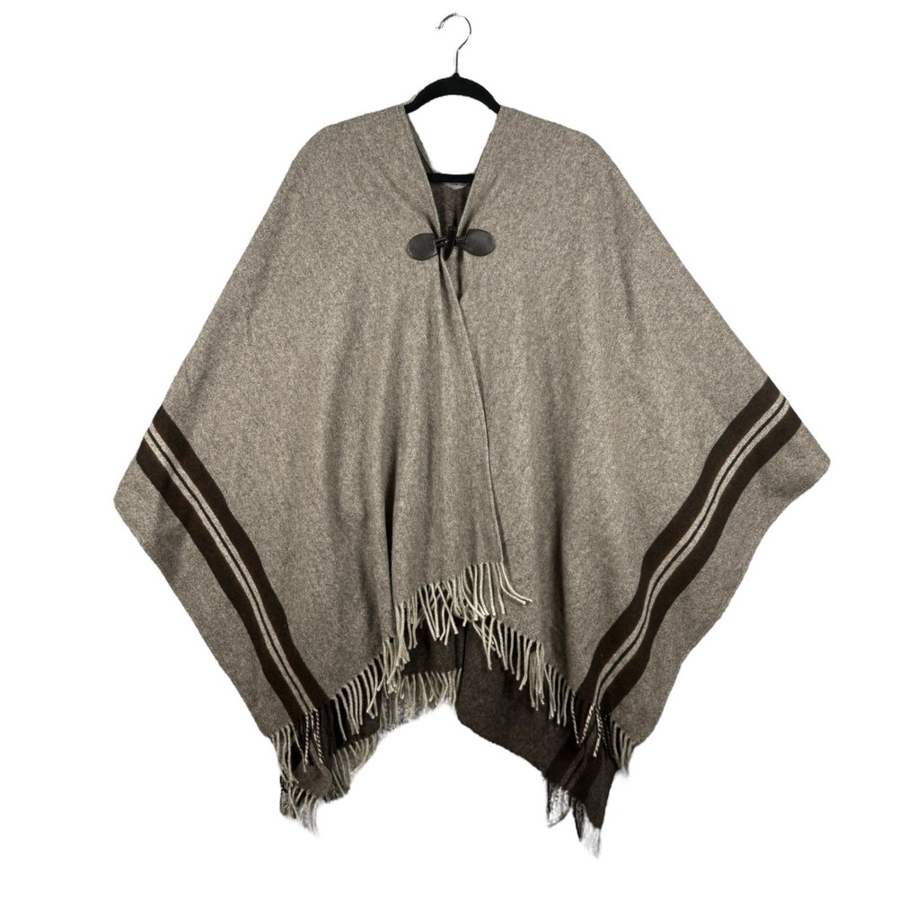 Ulla Johnson OS‎ Wool Fringe Poncho Brown, Tan Cardigan w Leather Toggle Closure